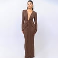 thumbnail image 2 of Vestido largo UEHCNFU para mujer, cuello en V profundo, ajustado fruncido, caqui, 2 of 6