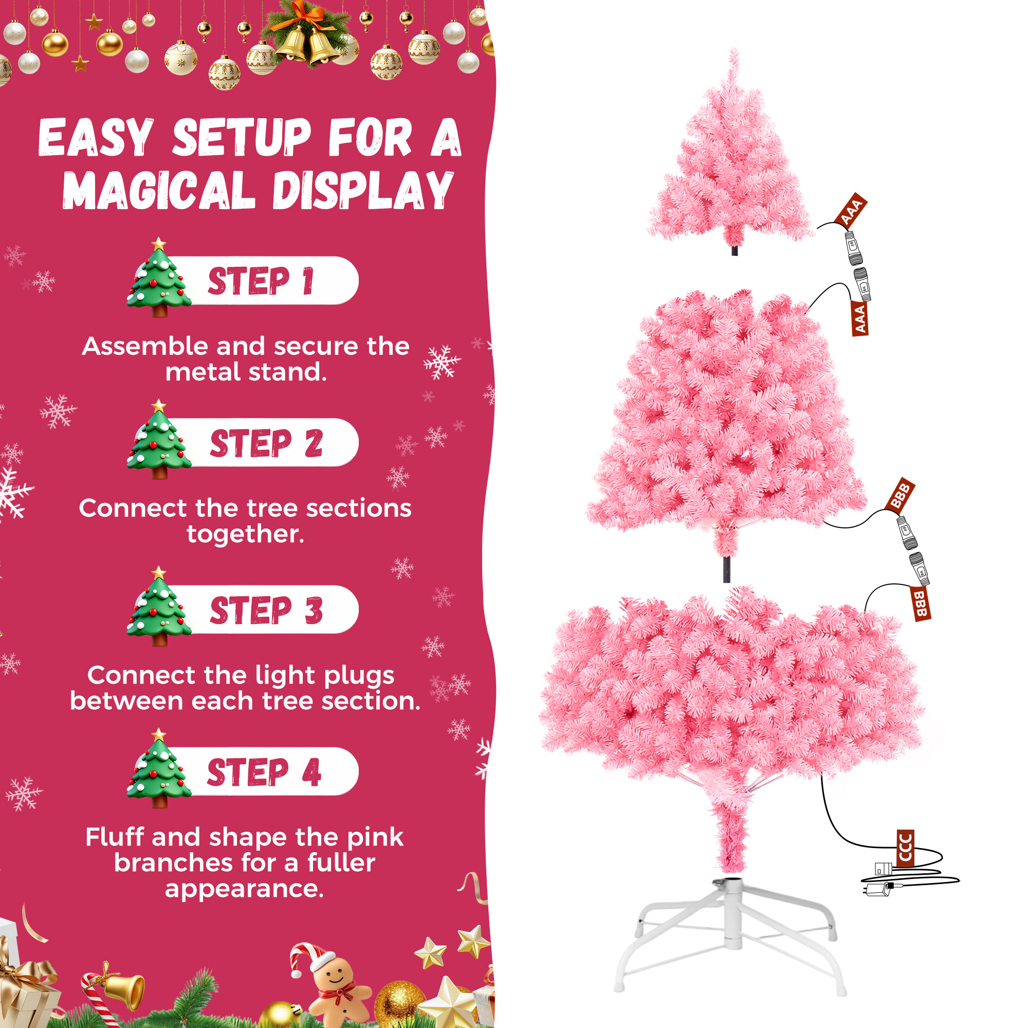 Yexmas 6ft Pre-Lit Pink Christmas Tree with 300 Lights photo 8
