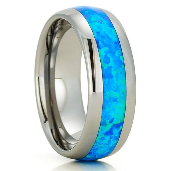 Blue Opal Wedding Ring,8mm Tungsten Ring,Engagement Ring,Anniversary Ring,Silver Ring