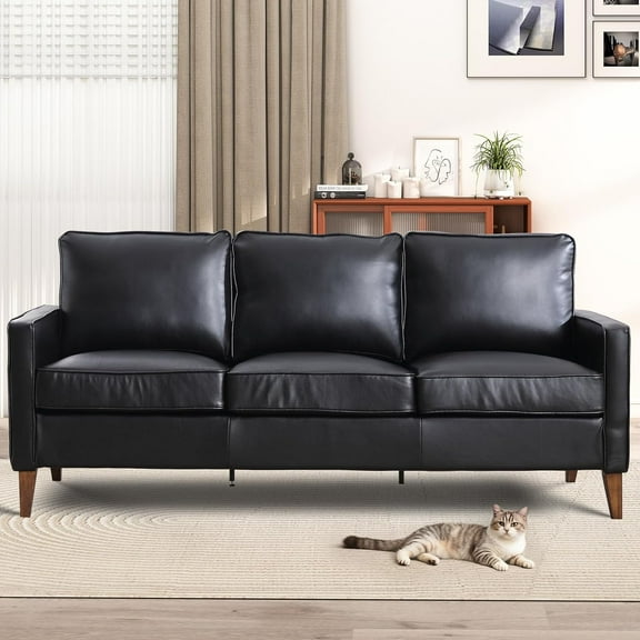 3 Seater Faux Leather Couch, 77'' Mid Century Modern Sofa Couches with Soft Cushion & Overstuffed Backrest for Small Space, Apartment, Living Room, Black