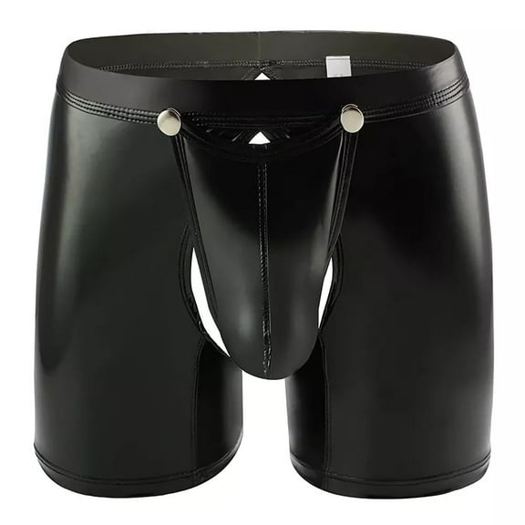 Men Shiny Leather Boxer, Sexy Open Crotch, Glossy PVC Leather, Wetlook Latex Short Pants