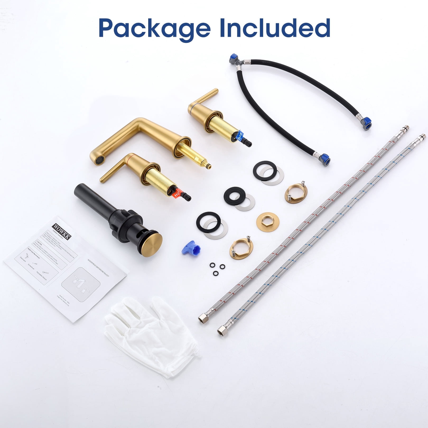 Wowkk 3 Hole Bathroom Faucet 2 Handle Widespread Bathroom Sink Faucet with Pop up Drain and Supply Lines, Brass Vanity Faucet for Rv Farmhouse Lavatory Restroom Sink, Brushed Gold