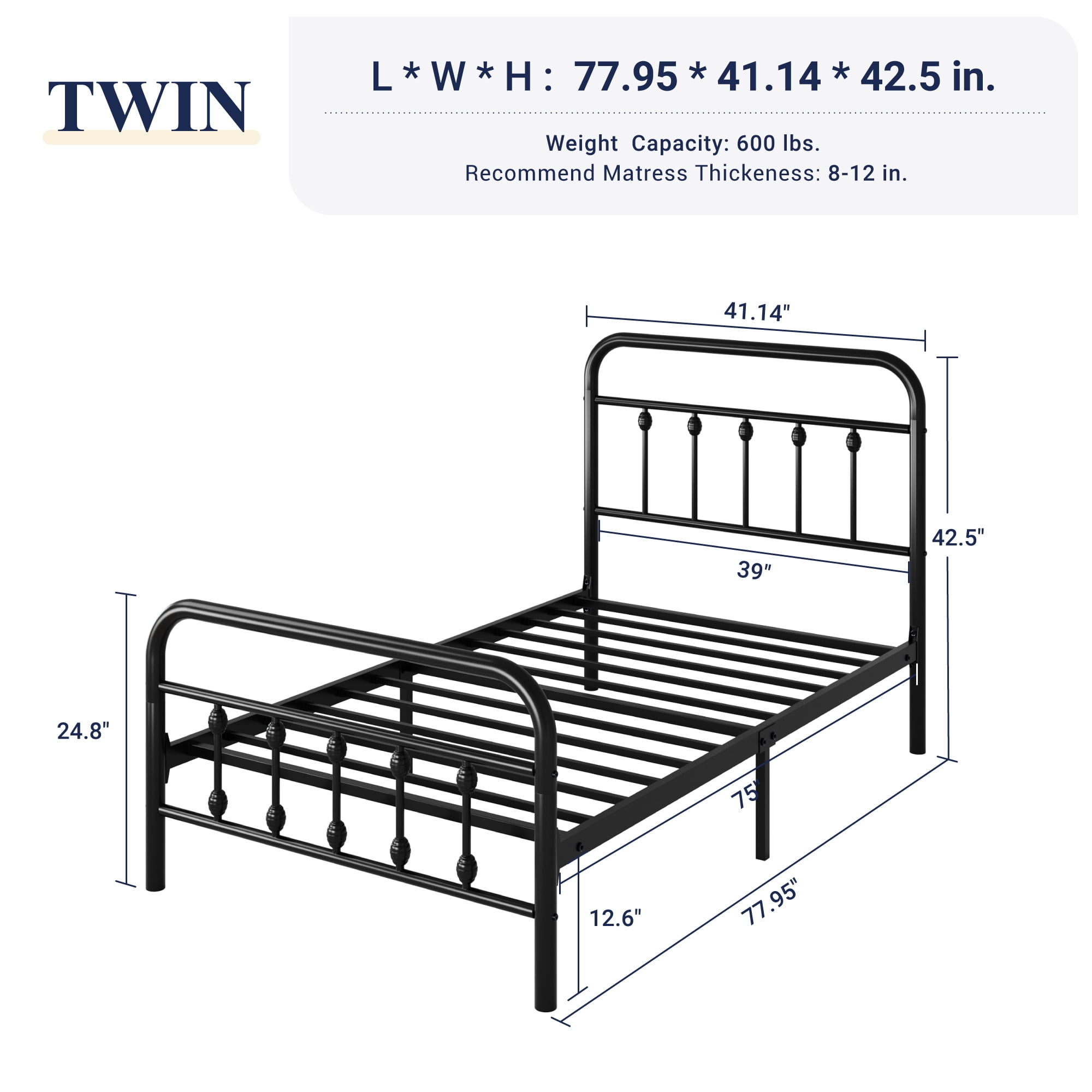 Allewie Twin Metal Platform Bed Frame with Vintage Pattern Headboard/Footboard, No Box Spring Needed, Black