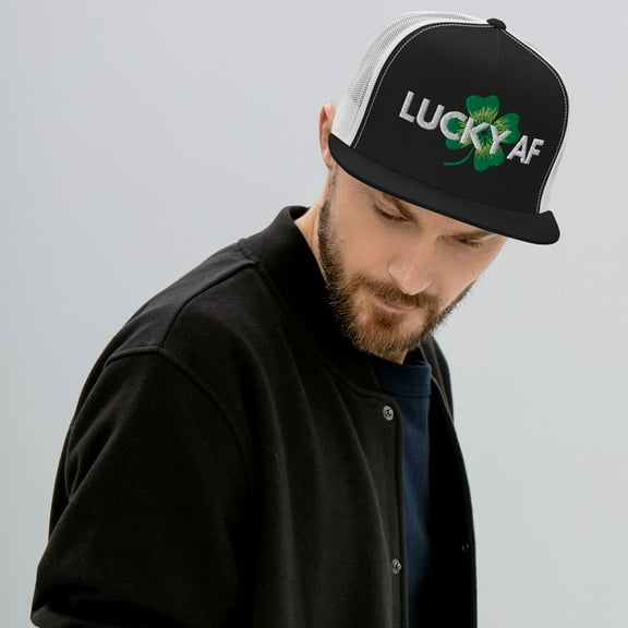 Lucky AF Embroidered Trucker Hat Design for St Patrick's Day Celebrating in Style (Black/ White)