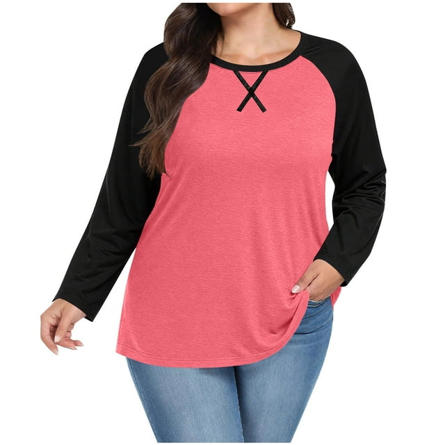 BLVB Plus Size Tops for Women Long Sleeve Casual Crewneck Ragal Shirts Color Block Tunic Henley Fall Blouse S-5XL