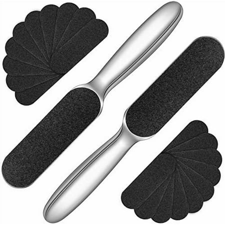 2-Pack Stainless Steel Pedicure Foot File & Callus Remover - Foot Scrubber Rasp with 20 Replaceable Coarse/Fine Double-Sided Reusable Pads for Cracked Heels and Rough Skin (Silver)