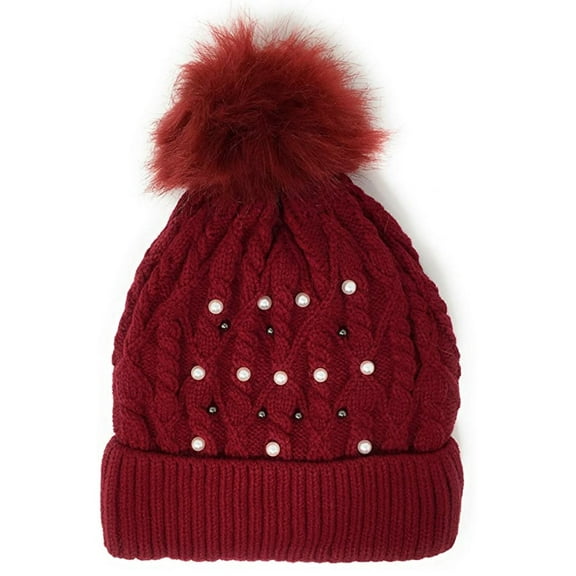 Urban-Peacock Soft Cable Knit Beanie Winter Hat with Pearl Beads & Warm Fleece Lining & Pom Pom - Red