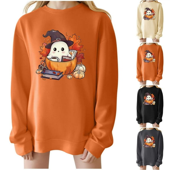 Olyvenn Women Halloween Sweatshirt Oversized Crewneck Fleece Pullover Sweatshirts Long Sleeve Cute Y2k Ghost Graphic Sweat Shirts Beige M
