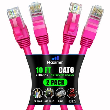 Maximm Cat 6 Ethernet Cable 10 ft (2-Pack) - High-Speed LAN Cable, Internet Cable, Patch Cable, and Network Cable - UTP, 10Gbps, 550MHz Ethernet Cord - Pink