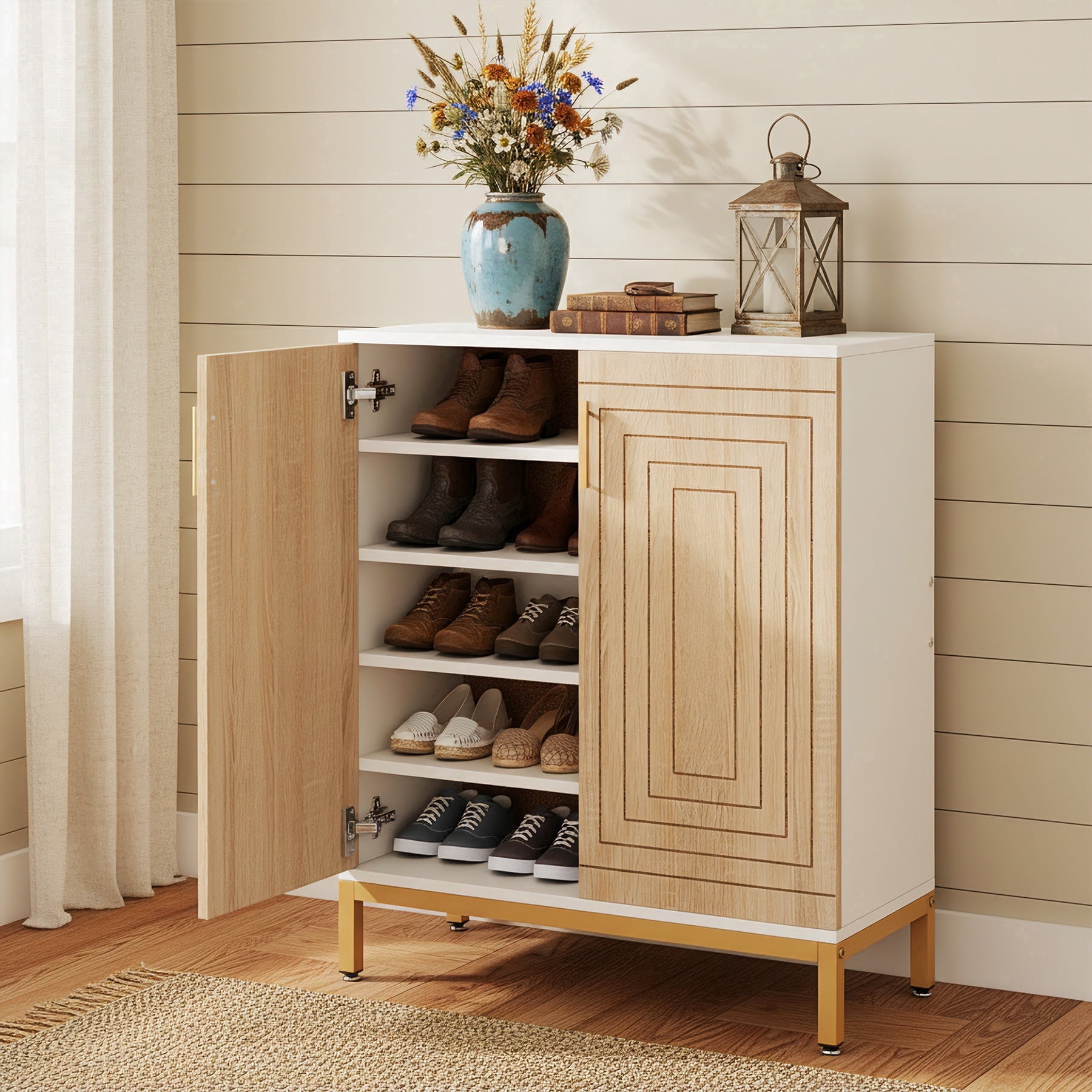 Fnova 20 Pairs Shoe Cabinet with Doors, 5-Tier Entryway Shoe Storage Organizer, Modern Freestanding Shoe Racks for Closet, Bedroom, White/Natural