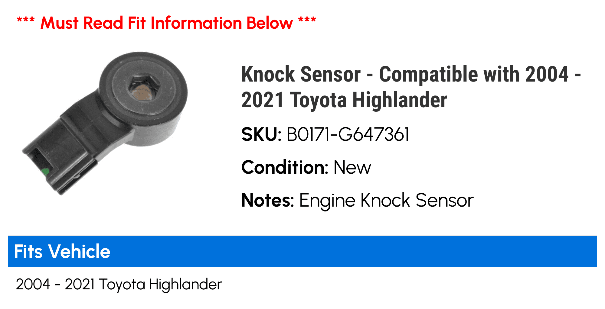 Knock Sensor - Compatible with 2004 - 2021 Toyota Highlander 2005 2006 2007 2008 2009 2010 2011 2012 2013 2014 2015 2016 2017 2018 2019 2020