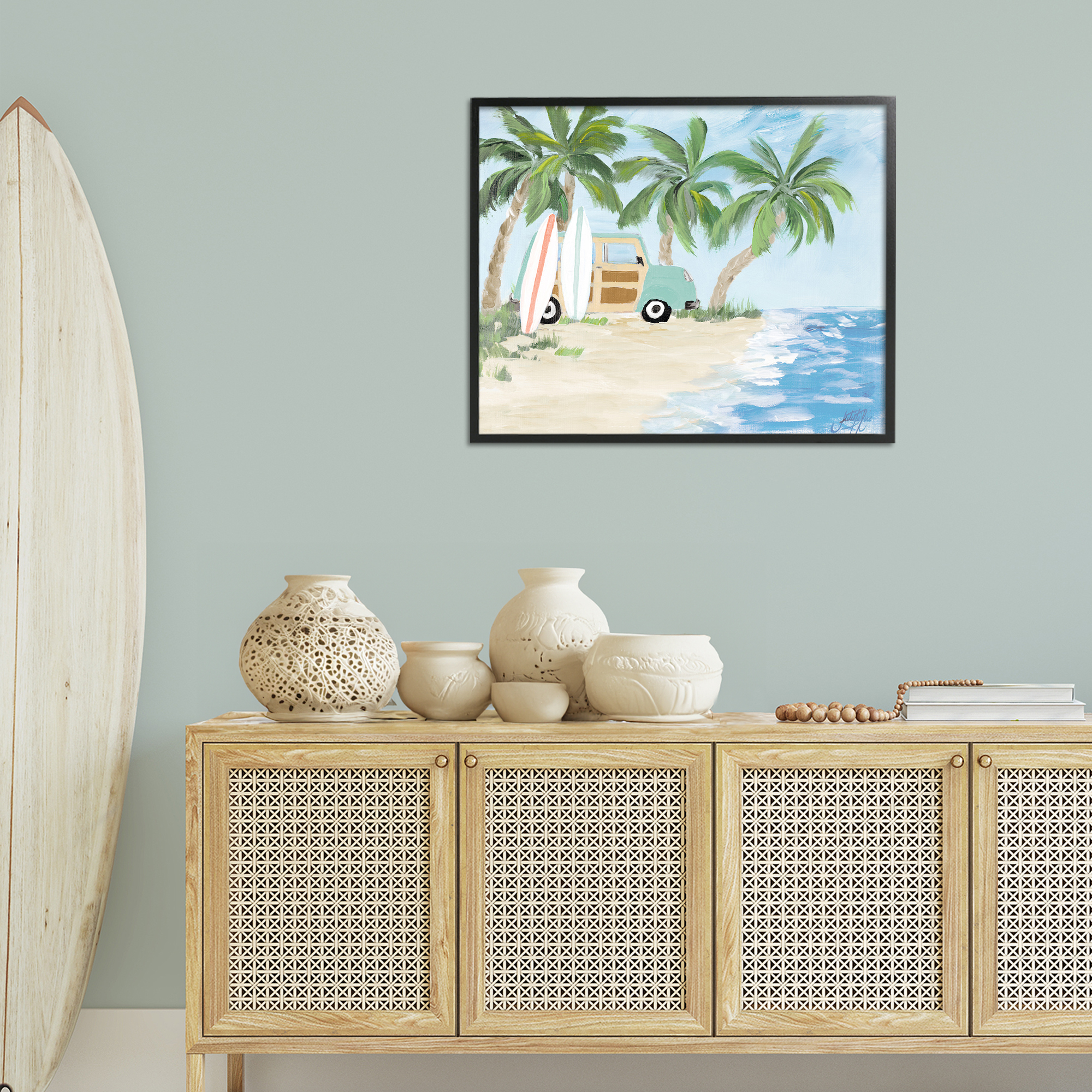 Stupell Industries Tropical Vacation Surfboards Landscape Painting Black Framed Art Print Wall Art, 30 x 24