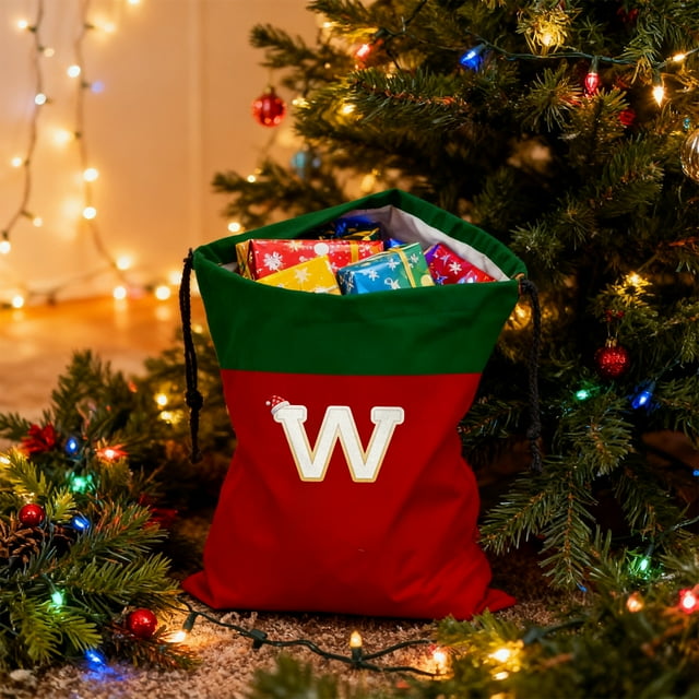 Christmas Gift Bag 26 Letters Red Drawstring Polyester Tote 12X15 Inch Holiday Storage Pouch | Reusable Xmas Candy Sack Decorative Gift Wrap Bag for Presents or Tree Ornament