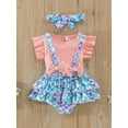 thumbnail image 2 of Toddler Girl Summer Outfits Solid Color Rib Fly Sleeve T-Shirts Fish Scale Print Suspender Shorts Headband Set, 2 of 7
