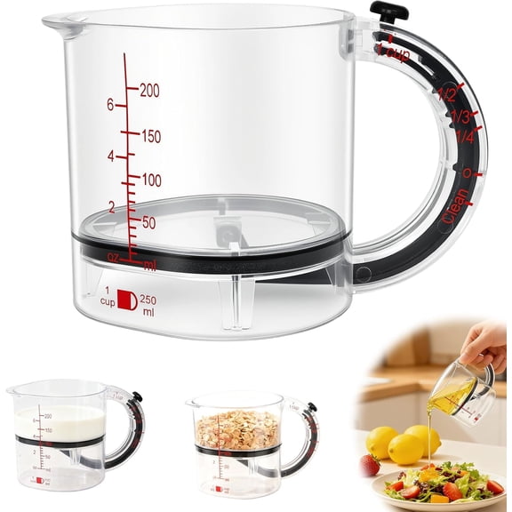 4-in-1 Adjustable Measuring Cup with Scraper Base - Dual Measurement Markings, Easy Clean Design for Liquid & Dry Ingredients