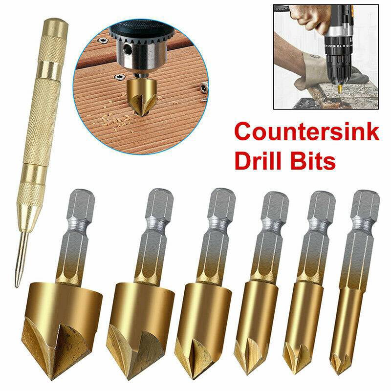 6X 5 Flute Countersink Drill Bit Set 90° Counter Sink Chamfer Cutter 1/4 Cut 