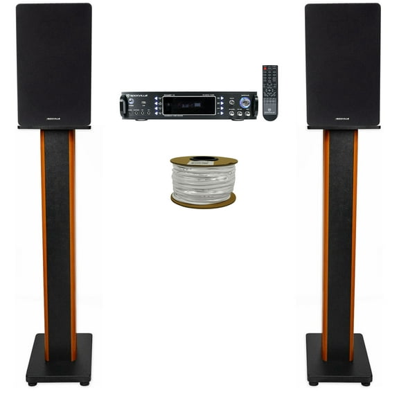Rockville RPA60BT Receiver (2) 6.5" Black Bookshelf Speakers 36" Wood Stands   Rockville R14GSBR100 Red/Blk 14 Gauge 100' Ft. Mini Spool Car Audio Speaker Wire
