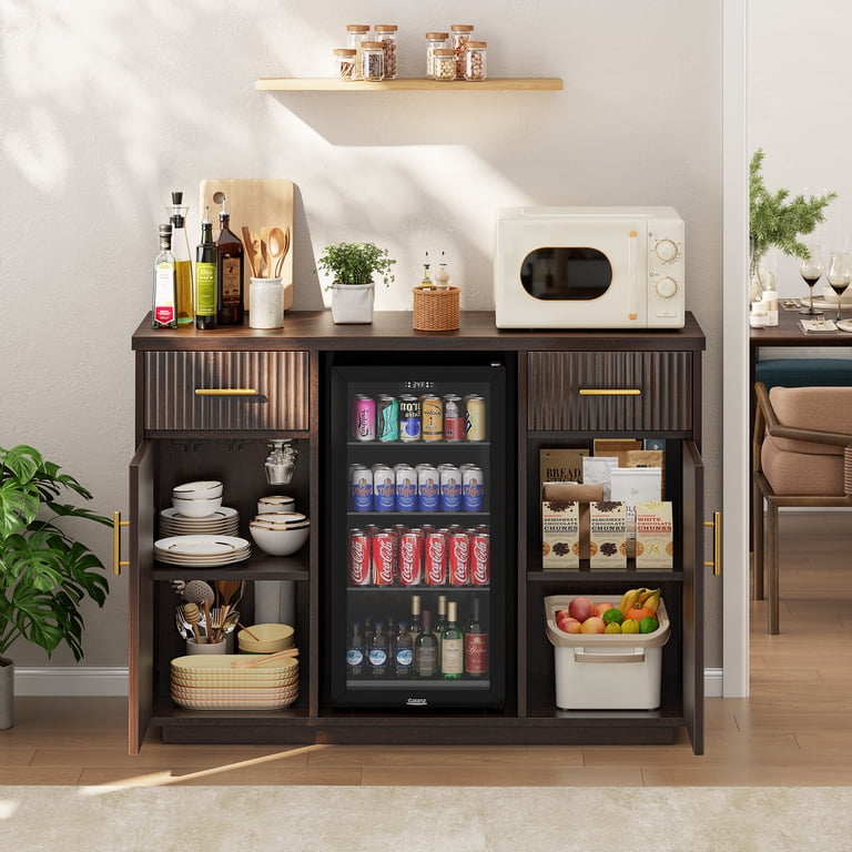Biemlerfn 55 inch Coffee Bar Cabinet with Mini Fridge Space, Sideboard Buffet Table & Liquor Cabinet with Power Outlet, Kitchen Hutch with Wine Glass