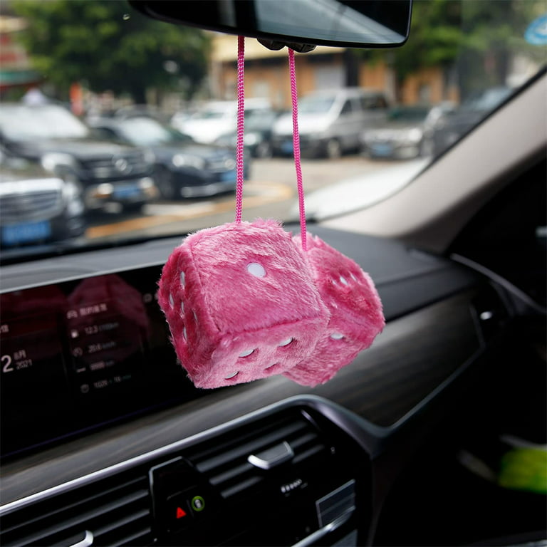 NOGIS Fuzzy Plush Dice for Car Mirror, Pair of Retro 3” Pink Dice