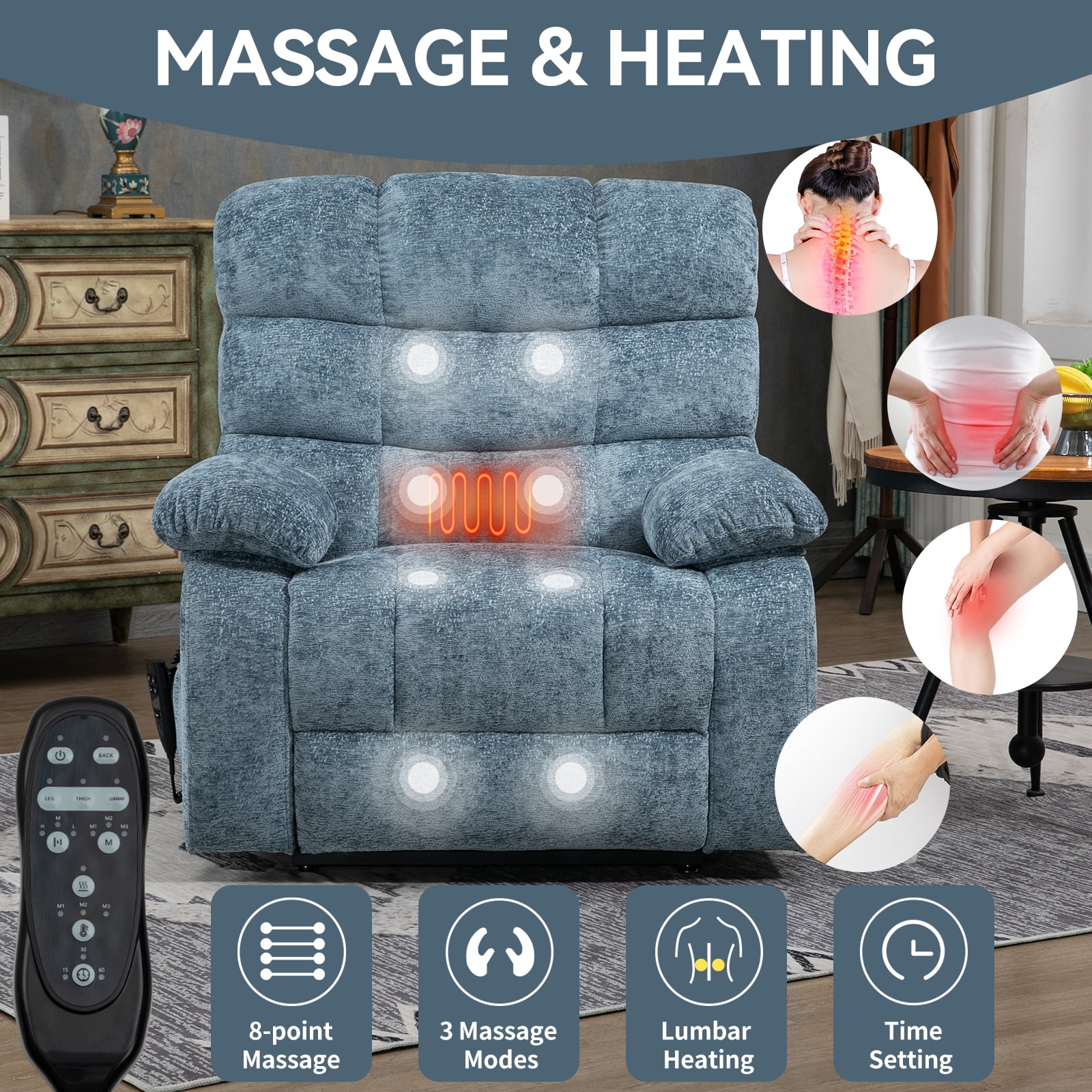 Power Lift Recliner Chair, Heat Massage Dual Motor Infinite Position 350 LBS Heavy Duty, Electric Remote Recliner for Elderly, Medium-Firm Chenille, Blue