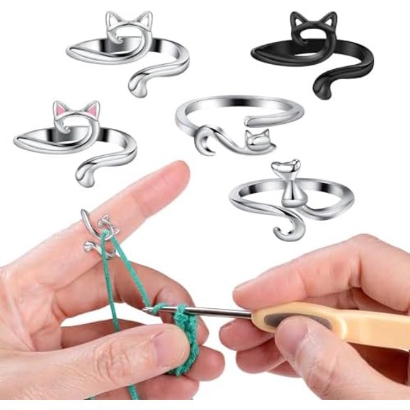 5 Pcs Crochet Rings Cat Crochet Tension Ring, Adjustable Crochet Tension Loops for Fingers Yarn Guide Knitting Crochet Accessories with Box for Mom Grandma Women