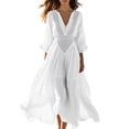 thumbnail image 1 of Vestido de Cuello en V de Manga Larga Casual Color Sólido Cintura Plisada para las Mujeres, de Moda Y Elegante para las Fechas Vacaciones Playa, 1 of 9