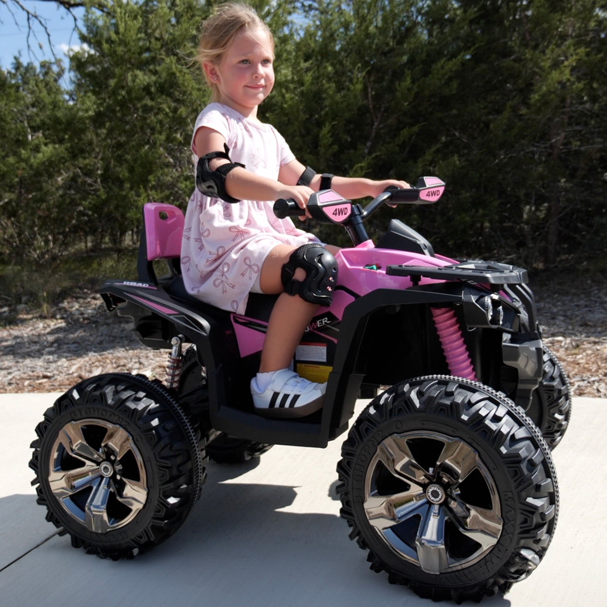 4WD 24V Ride ons ATV, Joyracer 4 Wheeler for Kids, Power Car Wheels with 4x200W Motor, Bluetooth/MP3, Horn, Music, LED for Big Kids Gift, Pink