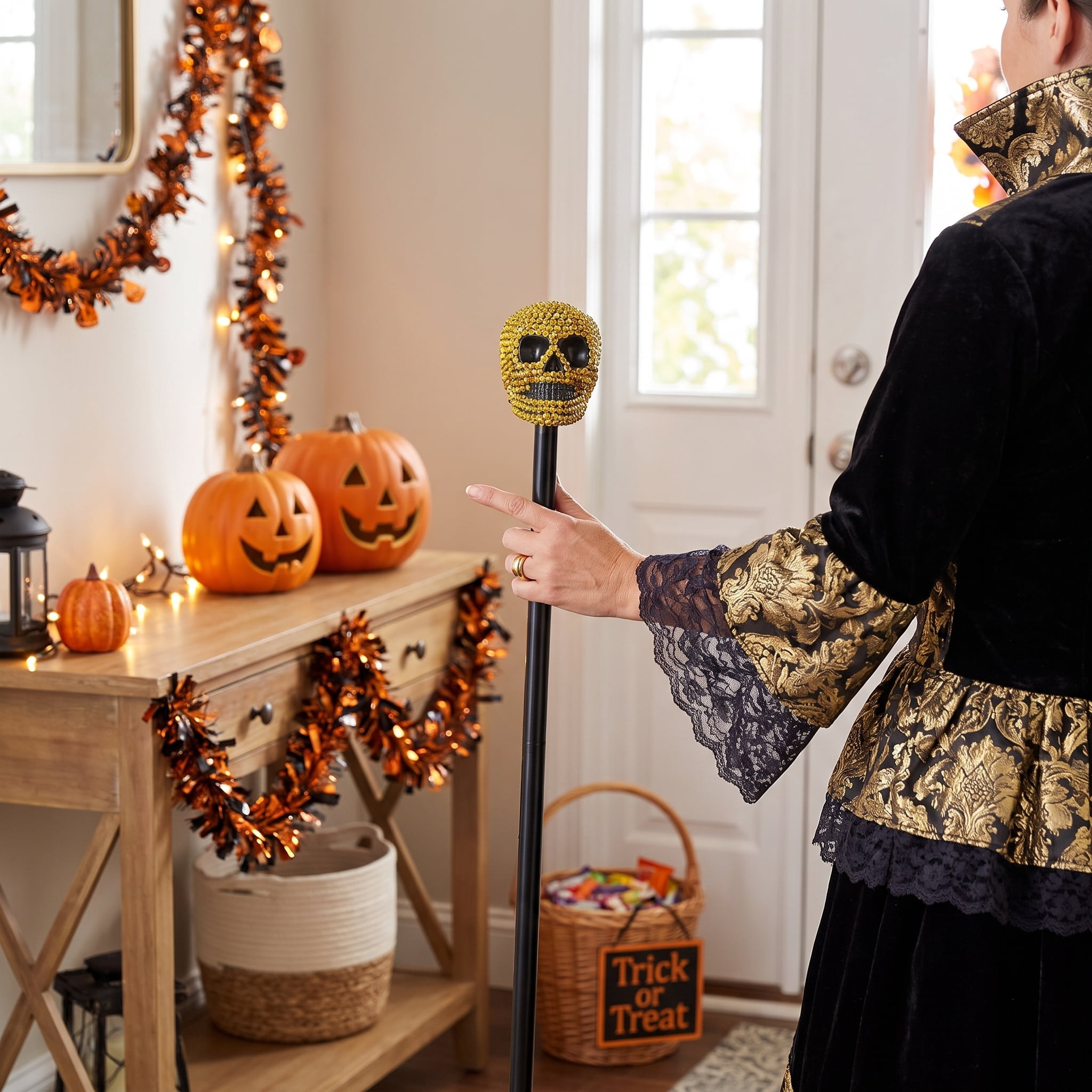 Bling Skull Cane Costume Accessory for Adults, Black and Gold, Halloween by Way To Celebrate