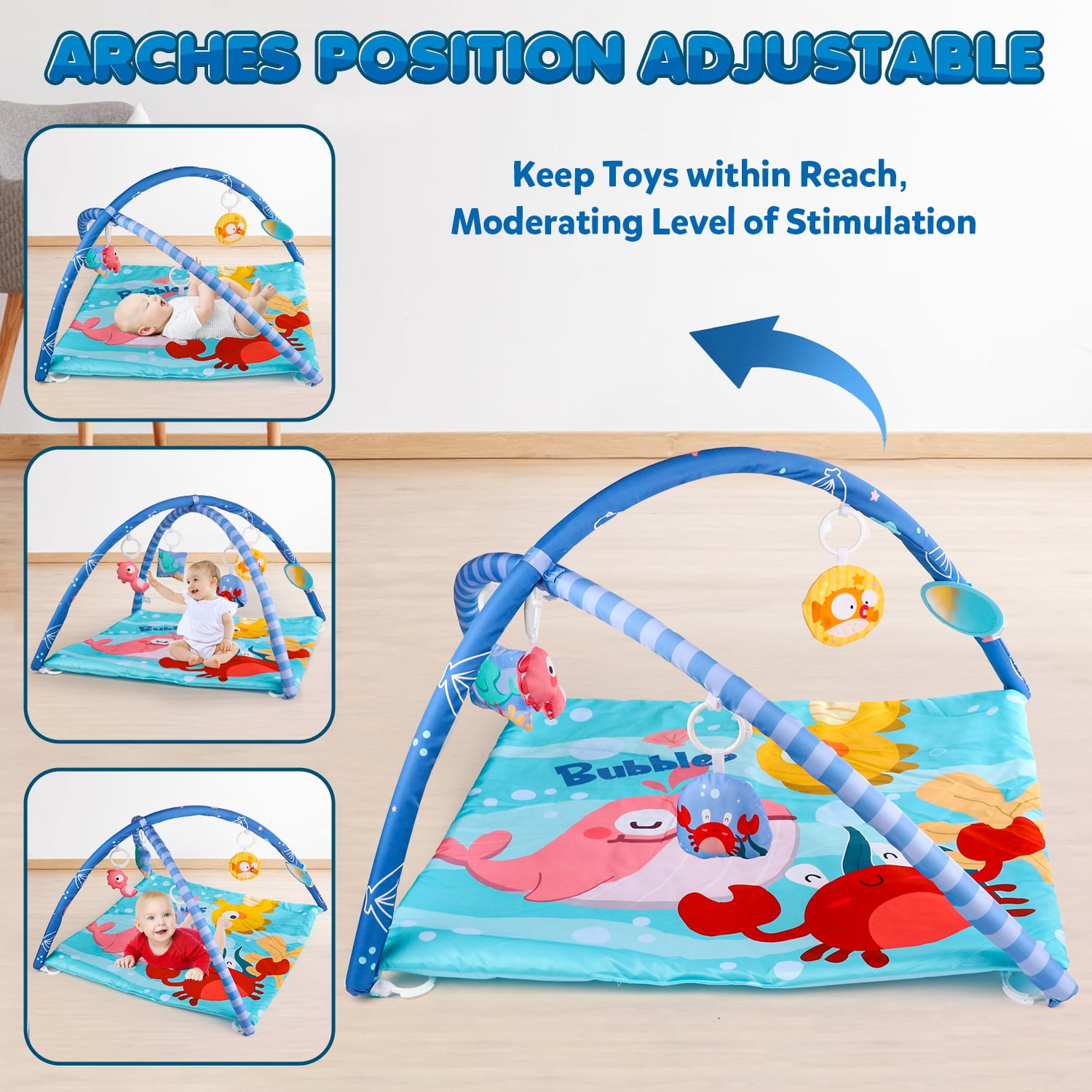 UUSUOO Baby Gym Play Mat,Tummy Time Mat With 5 Sensory Toys,Busy Baby Mat for Visual, Hearing, Sensory,Baby Toys 0-6 Months,Christmas Gifts for Toddler Infant 0-3-6-9-12 Month