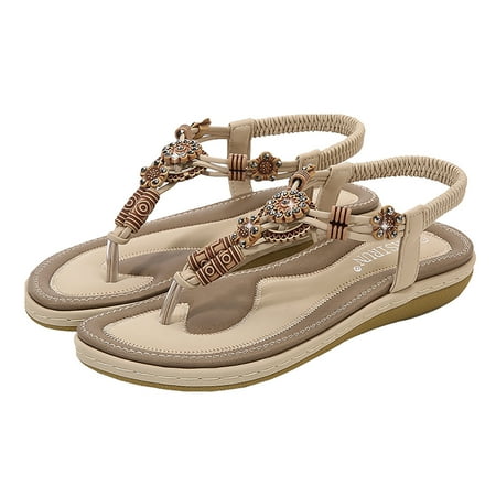

Womens Strappy Sandals Leisure beach flat rhinestone elastic Roman style Casual Ladies Sandals Summer Shoes Beige 37