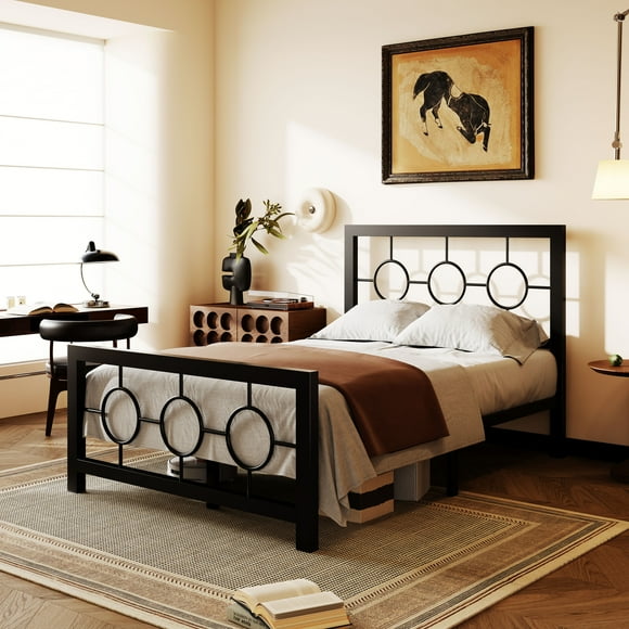 Amolife Black Twin Size Metal Platform Bed Frame with Circular Vintage Headboard & Footboard
