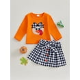 thumbnail image 3 of Toddler Baby Girl Thanksgiving Outfit 6 12 18 24 Months 2T 3T 4T Turkey Embroidery Long Sleeve Sweatshirt with Houndstooth A-Line Skirt, 3 of 9