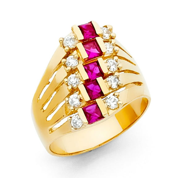 14k Yellow Gold Semanario Ring Fashion Band CZ Five Day Stackable Look Red CZ Style Fancy Size 7