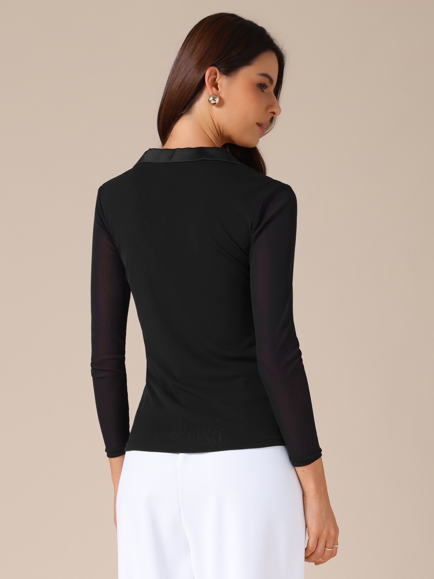 DARING DIVA Women's Long Sleeve V Neck Collared Slim Fit Blouses L Black