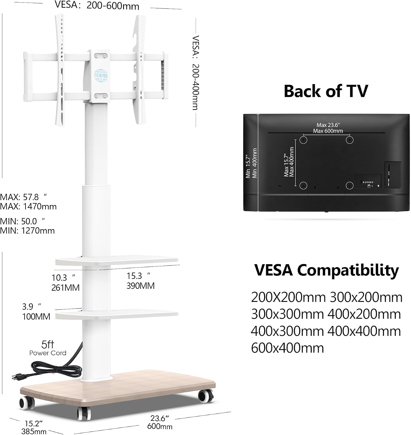 FITUEYES Rolling TV Stand for 32–75 Inch TVs, White, Power Outlet, Swivel Mount