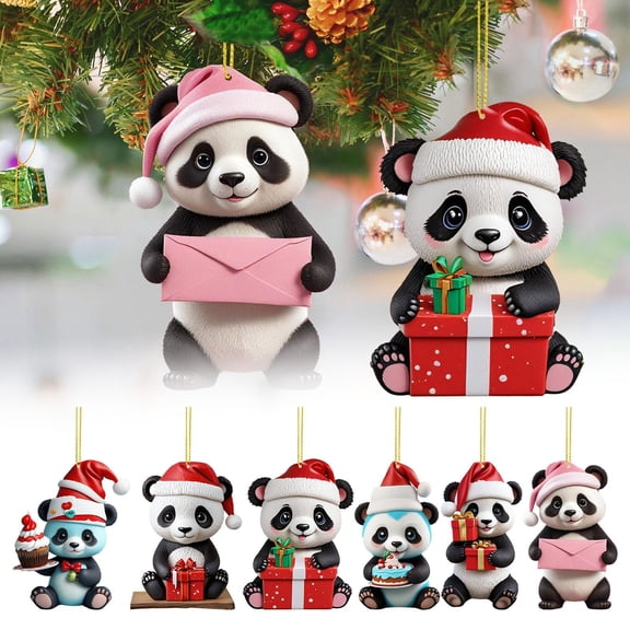 6 Pack Cute Panda Christmas Ornaments, Flat Acrylic 2D Hanging Decoration for Xmas Tree, Animal Theme Holiday Party Favors, Car Mirror Charm, Unique Gift Tags for Kids, 3.15 Inch, Multicolor