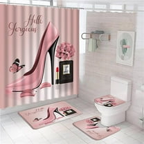4Pcs Flower Butterfly Shower Curtain Set Hello Gorgeous Fashion Girl Black Perfume Bottle Lipstick Pink High Heel Rose Floral Romantic Lover Girls Bathroom Toilet Lid Cover Non-Slip Rugs 12 Hooks