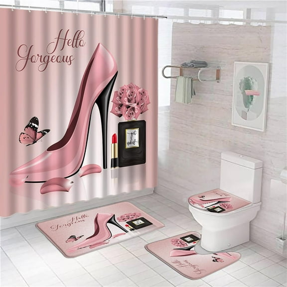 4Pcs Flower Butterfly Shower Curtain Set Hello Gorgeous Fashion Girl Black Perfume Bottle Lipstick Pink High Heel Rose Floral Romantic Lover Girls Bathroom Toilet Lid Cover Non-Slip Rugs 12 Hooks