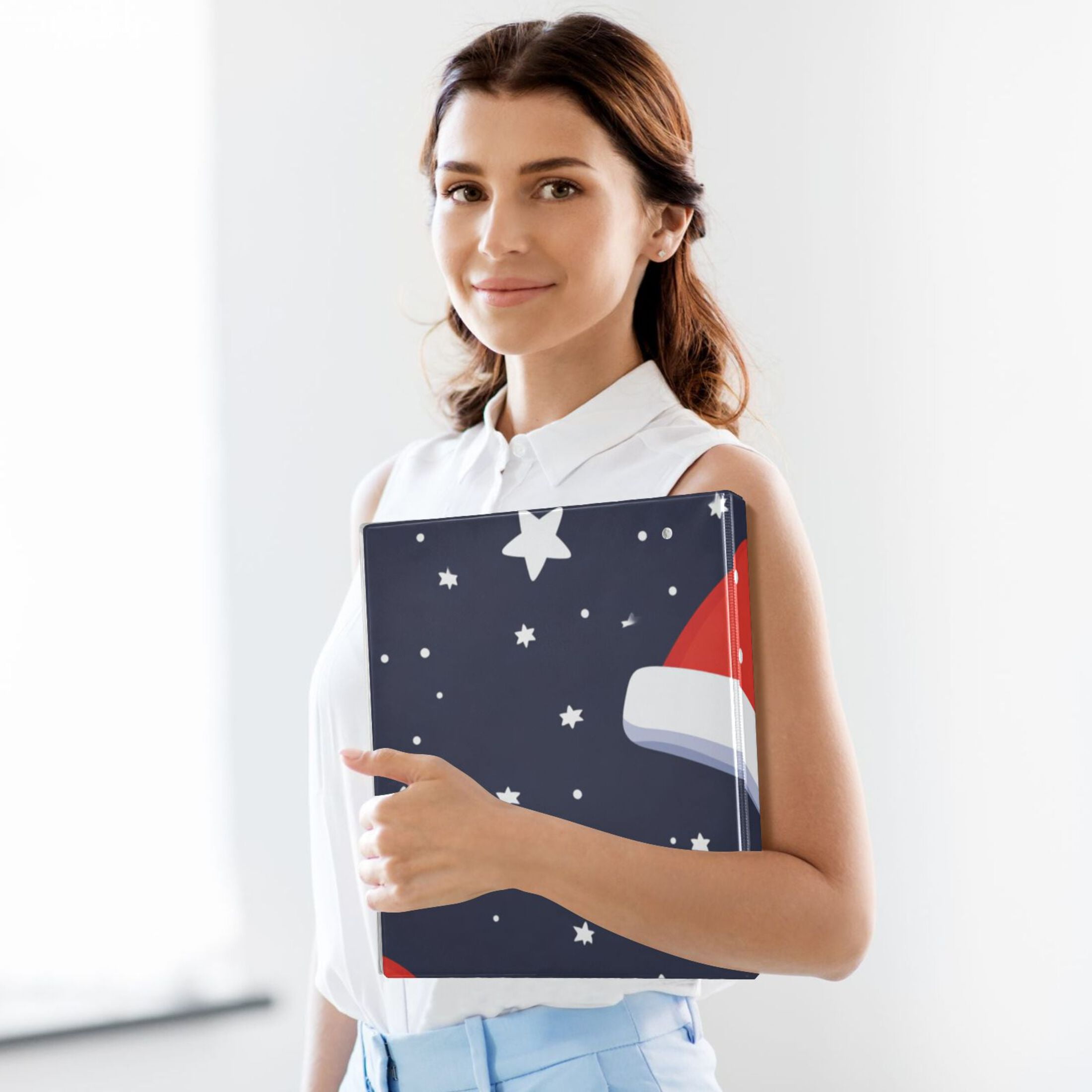 Christmas Santa Hats Stars 3 Ring Binders 1.5 inch Hardcover File Folders with Interior Pockets A4 Size Organizer for School Office Hospital