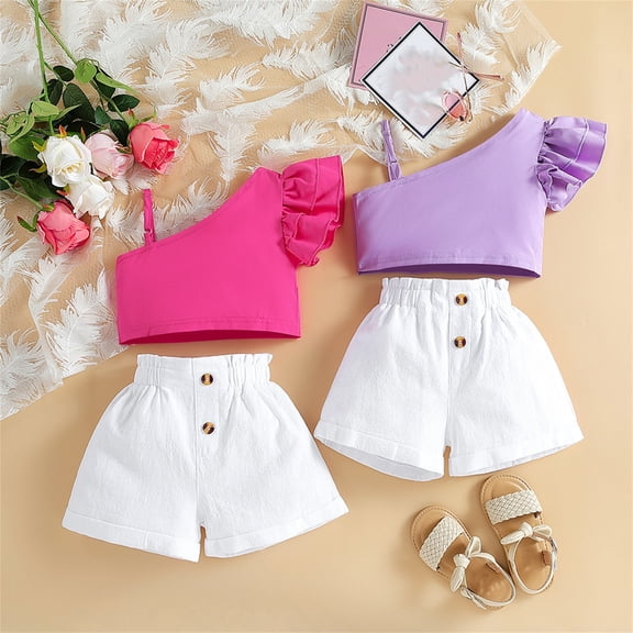 Swuxness Girls 2-Piece Outfits Suits Sleeveless Adjustable One Shoulder Cami with Shorts Summer