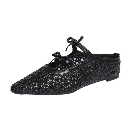 hoksml Women's Crochet Pointed Toe Mules, Bow Tie Detail, Flat Casual Shoes, Multiple Colors