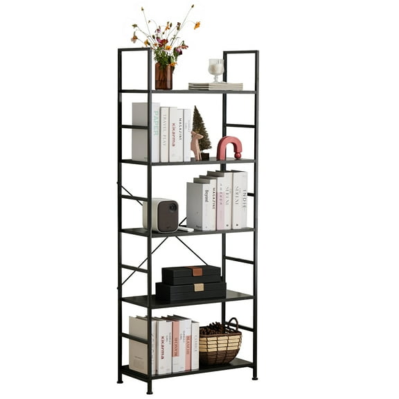 MCQ 5-Tier Metal Storage Shelf Wood Board, Freestanding Organizer for Garage, Kitchen, or Living Room Use, Black