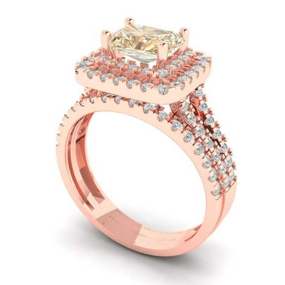 3.05ct Brilliant Emerald Cut Natural Morganite 14K Rose Gold Halo Solitaire with Accents Engagement Bridal Wedding Ring Band Set size 6.25