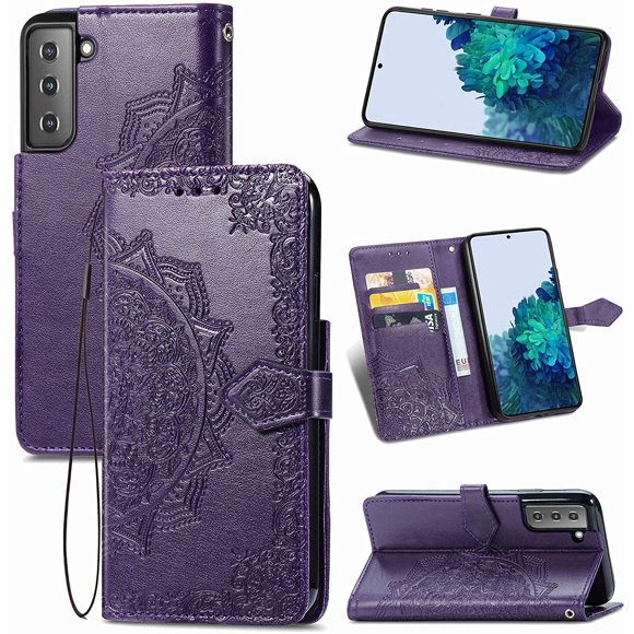LEDEX Leather Flip Wallet Case Card Holder Embossed Mandala Floral Pattern Premium SKYXD Luxury 3D for Samsung Galaxy S22 (Purple)