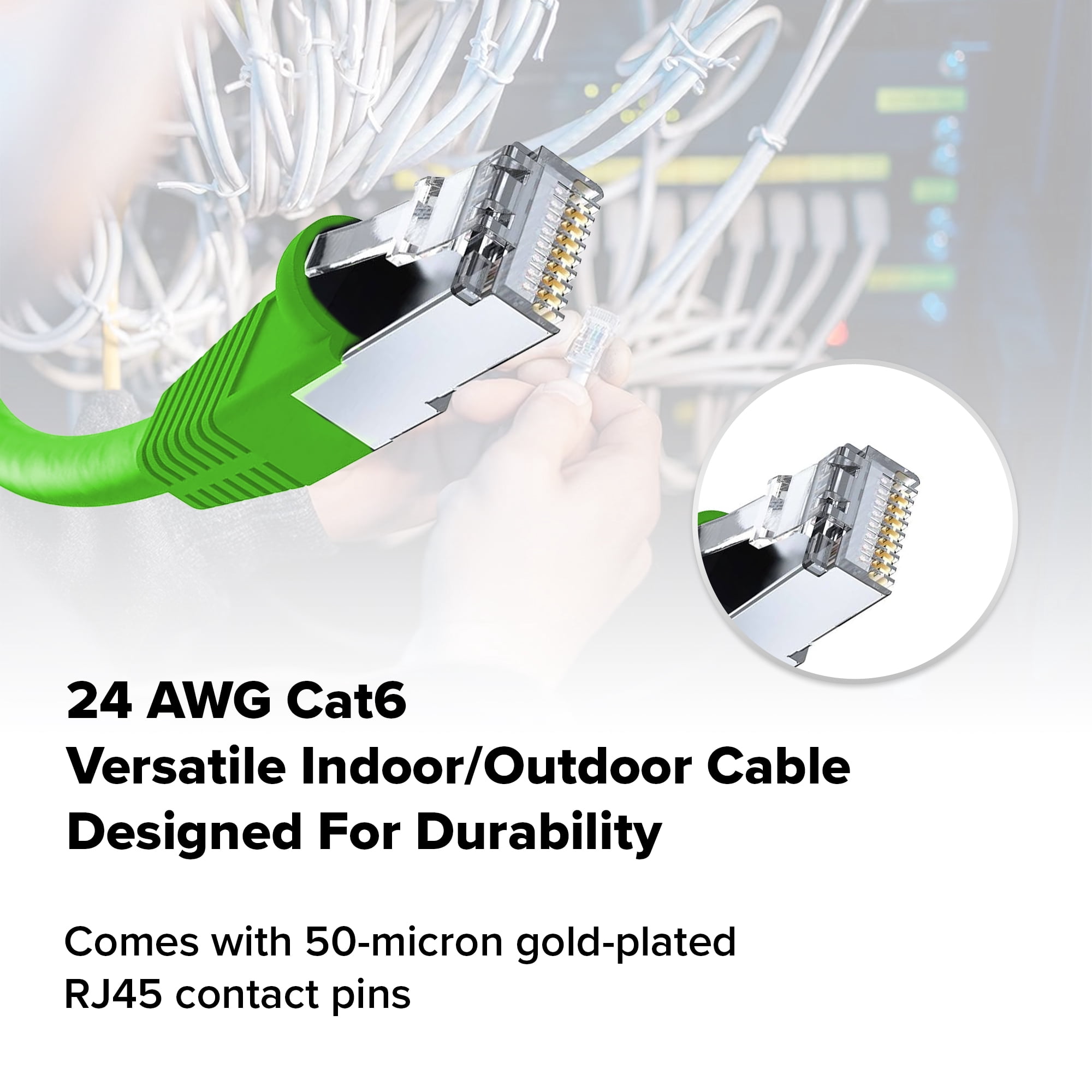 Cat 6 Ethernet Cable 5 FT in Green 2 Pack 10 Gbps Speed Network Round Rj45 Outdoor Indoor Direct Burial Bare Copper LAN Patch Cable for Router Gaming PS5 XBOX Printer Computer CCTV Switch