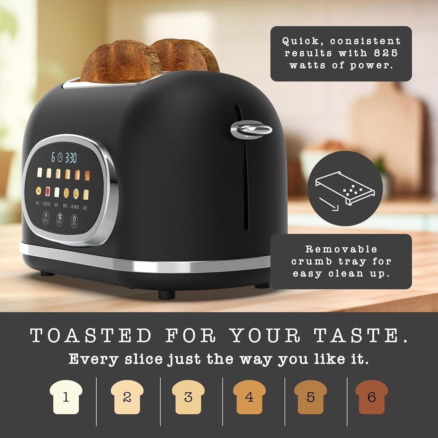 Rae Dunn Toaster, Digital Retro Stainless Steel with 6 Shade Settings, Black