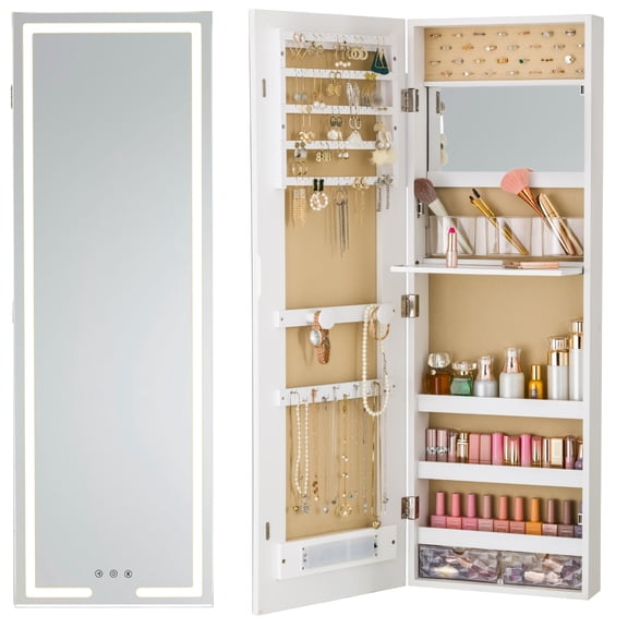 42" Mirror Jewelry Cabinet Wall Mounted, Full Length Mirror with Storage Jewelry Armoire, Jewelry Cabinet with LED Lights, Over The Door Hanging Mirrored Jewelry Cabinet with 3 Color Modes, White