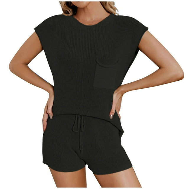Yuyuzo Ensembles d'Été 2 Pcs pour Femmes, Hauts à Manches Cap et Col Ras du Cou, Shorts à Cordon, Ensembles Décontractés de Détente