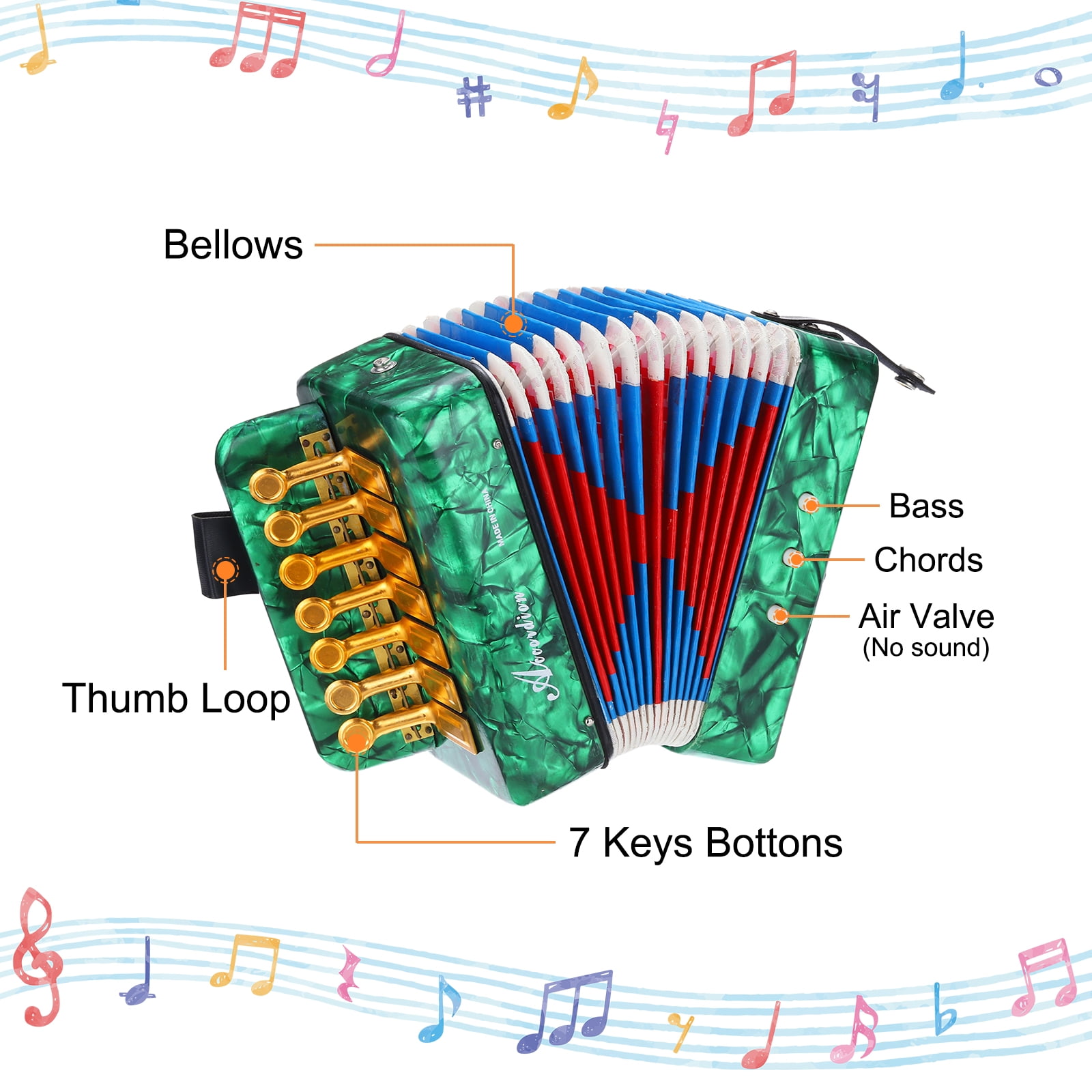 Uxcell Accordion, 10 Keys Bass Button Accordion Mini Musical Instrument Lightweight for Children Beginners Educational, Green