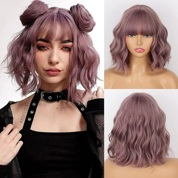 UTOURS Short Ombre Blonde Wigs Wavy Bob Wig with Bangs Women Synthetic Curly Pastel Bob Wig for Girl Colorful Cosplay Wigs